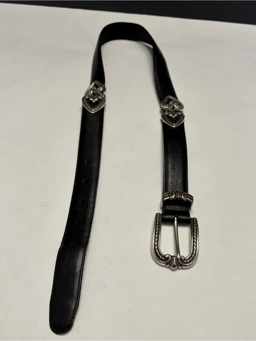 Vintage Brighton Black Leather Heart Belt Silver Hardware Western Boho USA Made